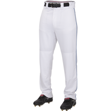 A person wearing Rawlings Adult Premium Semi-Relaxed Baseball Pants with Piping (PRO150P), made from 100% polyester, paired with a black belt and black cleats, stands against a plain white background.