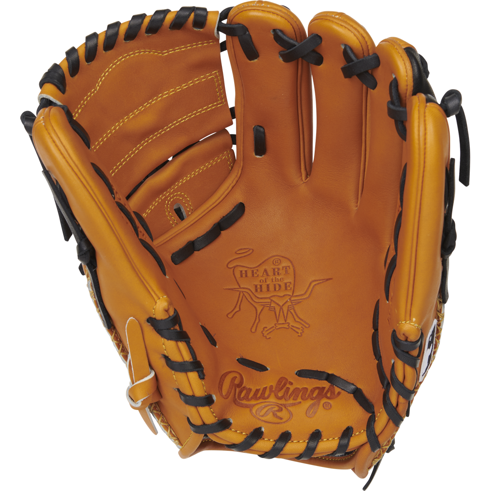 The Rawlings Heart of the Hide 11.75" Baseball Glove (PRO205-9TB) is a tan glove with black lacing and detailed stitching. Featuring open infield/pitcher's design, it displays Rawlings branding and a "Heart of the Hide" stamp on the palm.