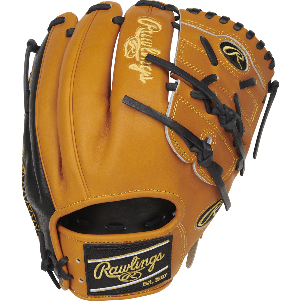 The Rawlings Heart of the Hide 11.75" Baseball Glove (PRO205-9TB) features a tan design with black laces, yellow stitching, and embroidered Rawlings logos on the wrist strap and thumb—perfect for infielders or pitchers.