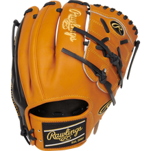 The Rawlings Heart of the Hide 11.75" Baseball Glove (PRO205-9TB) features a tan design with black laces, yellow stitching, and embroidered Rawlings logos on the wrist strap and thumb—perfect for infielders or pitchers.
