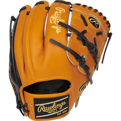 The Rawlings Heart of the Hide 11.75" Baseball Glove (PRO205-9TB) features a tan design with black laces, yellow stitching, and embroidered Rawlings logos on the wrist strap and thumb—perfect for infielders or pitchers.