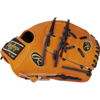 The Rawlings Heart of the Hide 11.75" Baseball Glove: PRO205-9TB by Rawlings rests on a white background, an ideal choice for infielders or pitchers seeking top-quality performance.