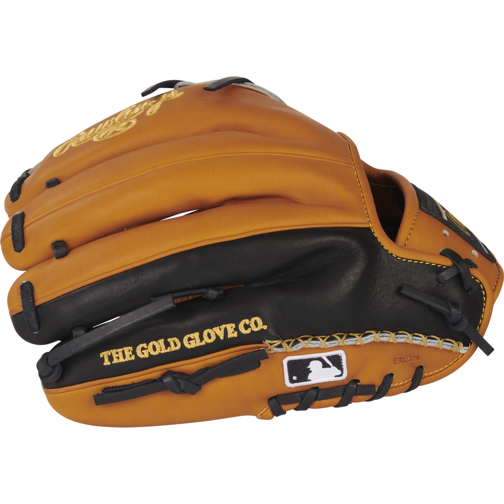 A Rawlings Heart of the Hide 11.75" Baseball Glove (PRO205-9TB) in brown and black, featuring THE GOLD GLOVE CO. and MLB logo stitching, is shown against a plain white background.