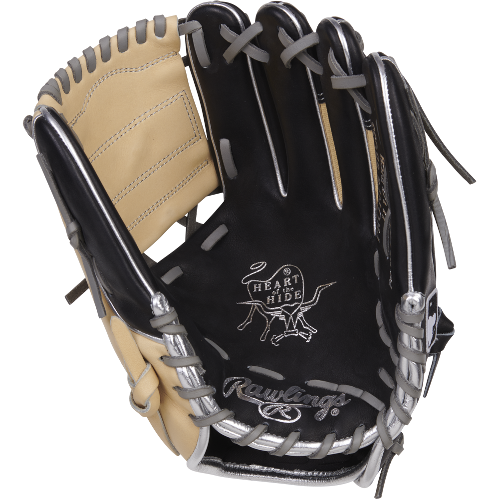 The Rawlings Heart of the Hide 11.5" Baseball Glove (PRONP4-8BCSS) features premium HOH steer-hide leather in black and tan with gray laces, white palm branding, and detailed interior stitching in its open infield design.