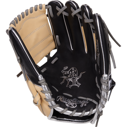 The Rawlings Heart of the Hide 11.5" Baseball Glove (PRONP4-8BCSS) features premium HOH steer-hide leather in black and tan with gray laces, white palm branding, and detailed interior stitching in its open infield design.