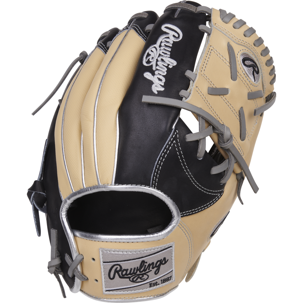 The Rawlings Heart of the Hide 11.5" Baseball Glove (PRONP4-8BCSS) features a beige and black design with gray laces, Rawlings logos on the wrist strap and back, and is crafted from premium HOH steer-hide leather.