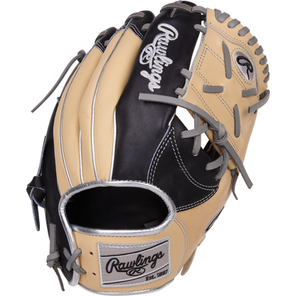 The Rawlings Heart of the Hide 11.5" Baseball Glove (PRONP4-8BCSS) features a beige and black design with gray laces, Rawlings logos on the wrist strap and back, and is crafted from premium HOH steer-hide leather.