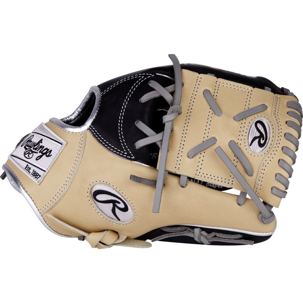 The Rawlings Heart of the Hide 11.5" Baseball Glove (PRONP4-8BCSS) features tan and black premium steer-hide leather with gray laces, embroidered details, and the Rawlings logo patch, shown against a plain white background.