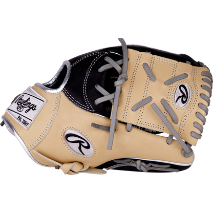 The Rawlings Heart of the Hide 11.5" Baseball Glove (PRONP4-8BCSS) features tan and black premium steer-hide leather with gray laces, embroidered details, and the Rawlings logo patch, shown against a plain white background.