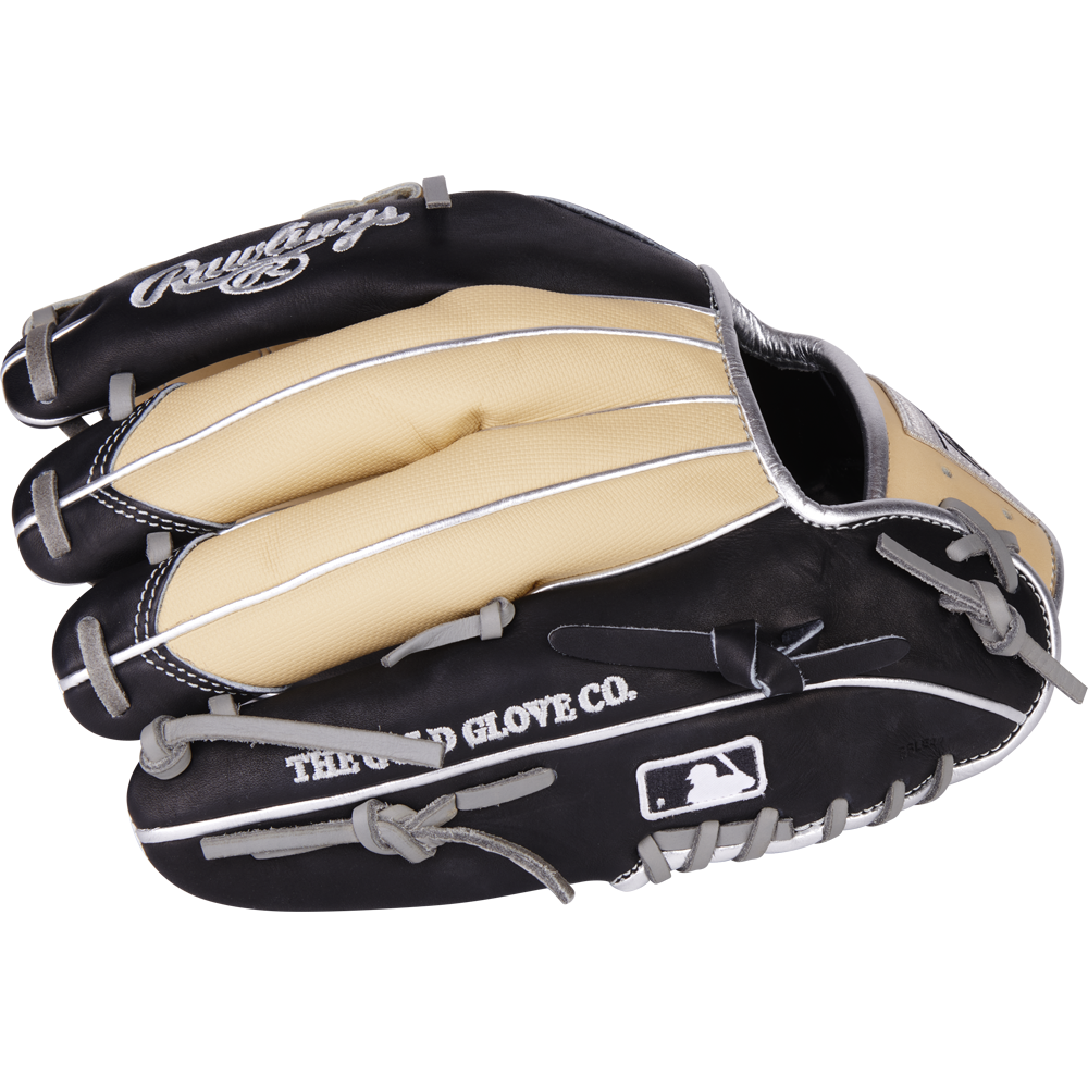 The Rawlings Heart of the Hide 11.5" Baseball Glove (PRONP4-8BCSS) features black and tan HOH steer-hide leather with gray laces, THE GOLD GLOVE CO. and MLB logos on the side, and a closed infield design shown from the side.