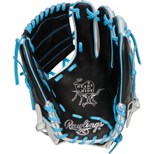 The Rawlings Heart of the Hide R2G 11.5" PROR204-8BWSS infield glove is black with blue laces and gray trim, featuring the Heart of the Hide logo on the palm.