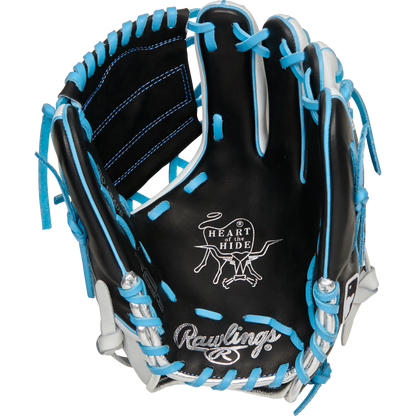The Rawlings Heart of the Hide R2G 11.5" PROR204-8BWSS infield glove is black with blue laces and gray trim, featuring the Heart of the Hide logo on the palm.