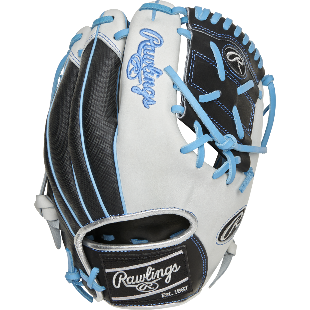 The Rawlings Heart of the Hide R2G 11.5" PROR204-8BWSS glove features black and white leather, light blue stitching and laces, plus the iconic embroidered Rawlings logo and name.