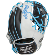 The Rawlings Heart of the Hide R2G 11.5" PROR204-8BWSS glove features black and white leather, light blue stitching and laces, plus the iconic embroidered Rawlings logo and name.