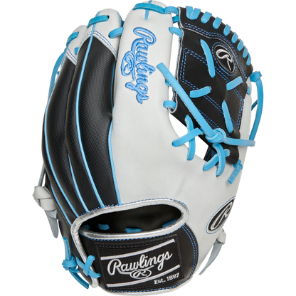 The Rawlings Heart of the Hide R2G 11.5" PROR204-8BWSS glove features black and white leather, light blue stitching and laces, plus the iconic embroidered Rawlings logo and name.
