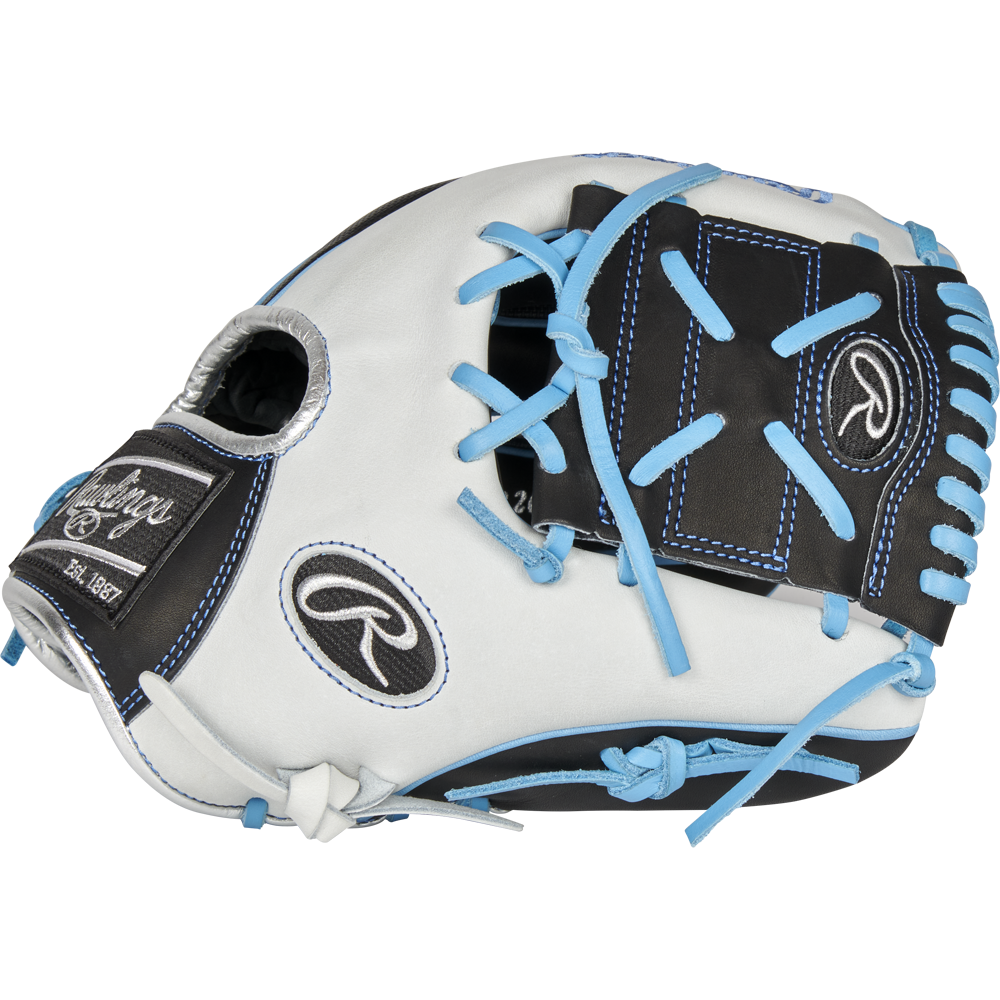 The Rawlings Heart of the Hide R2G 11.5" Baseball Glove (PROR204-8BWSS) features a white and black design with blue laces and stitching, plus Rawlings logos on the thumb and wrist, shown on a plain white background.