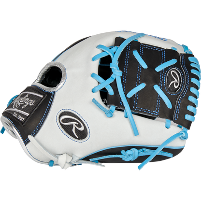 The Rawlings Heart of the Hide R2G 11.5" Baseball Glove (PROR204-8BWSS) features a white and black design with blue laces and stitching, plus Rawlings logos on the thumb and wrist, shown on a plain white background.