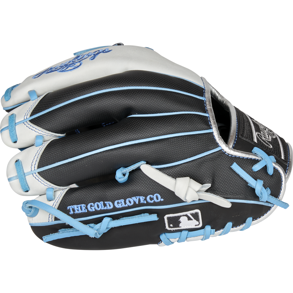 The Rawlings Heart of the Hide R2G 11.5" Baseball Glove (PROR204-8BWSS) features black, white, and blue colors with blue laces, gold glove and MLB logo stitching, a black palm, and is ideal for infielders.