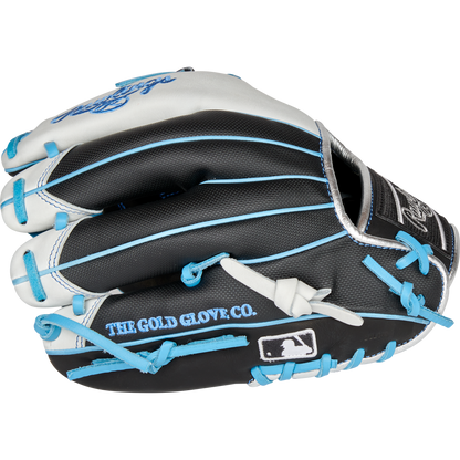 The Rawlings Heart of the Hide R2G 11.5" Baseball Glove (PROR204-8BWSS) features black, white, and blue colors with blue laces, gold glove and MLB logo stitching, a black palm, and is ideal for infielders.