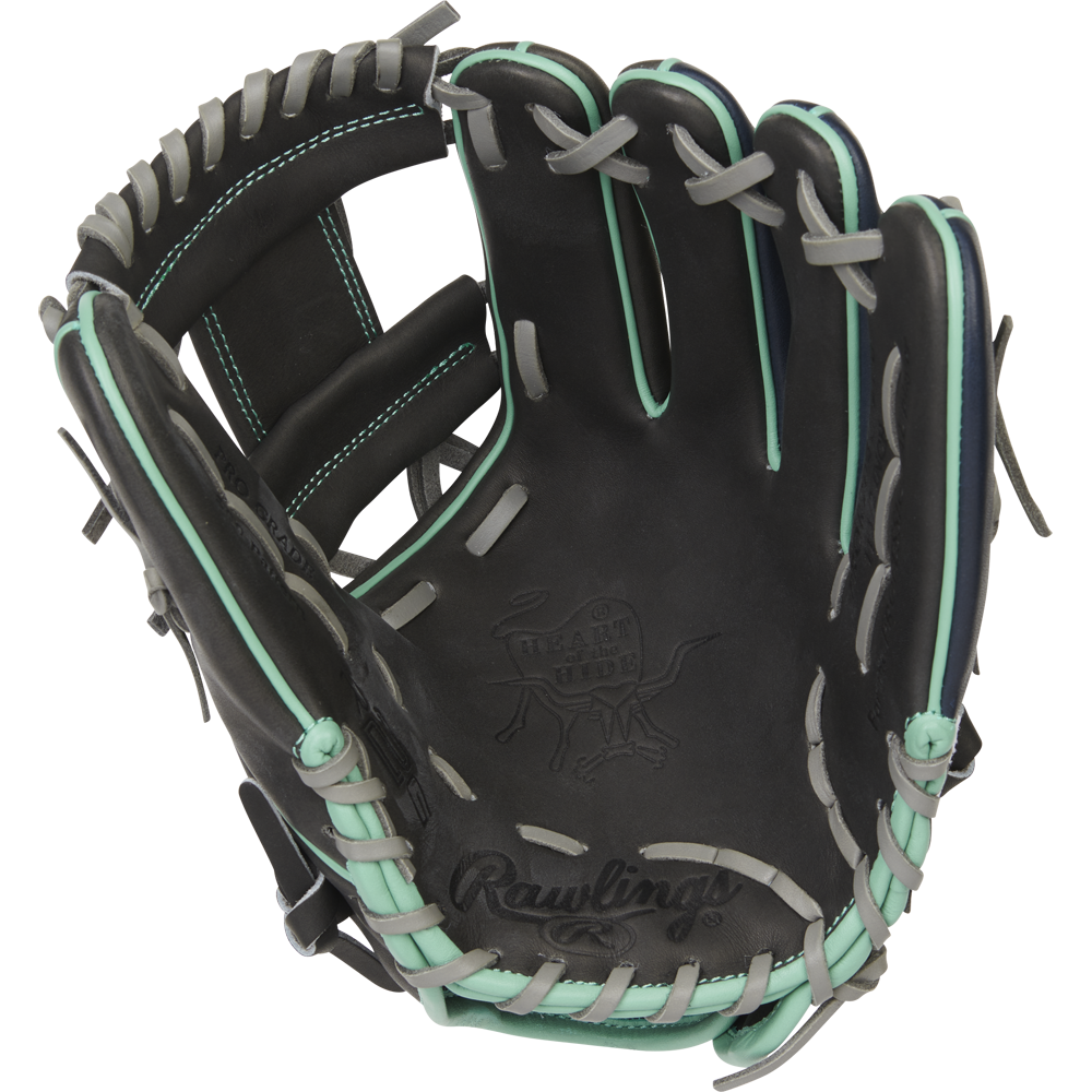 The Rawlings Heart of the Hide R2G 11.5" Baseball Glove (PROR204U-2DS) features black leather with light blue and gray laces, visible palm-side stitching, and an embossed Rawlings logo.
