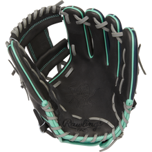 The Rawlings Heart of the Hide R2G 11.5" Baseball Glove (PROR204U-2DS) features black leather with light blue and gray laces, visible palm-side stitching, and an embossed Rawlings logo.