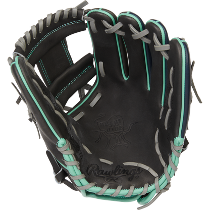 The Rawlings Heart of the Hide R2G 11.5" Baseball Glove (PROR204U-2DS) features black leather with light blue and gray laces, visible palm-side stitching, and an embossed Rawlings logo.