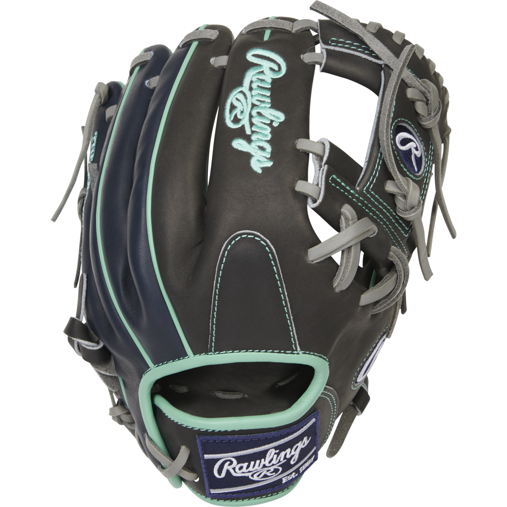 The Rawlings Heart of the Hide R2G 11.5" Baseball Glove (PROR204U-2DS) features a black design with teal and gray accents, white stitching, and a light blue and white embroidered Rawlings logo on the back.