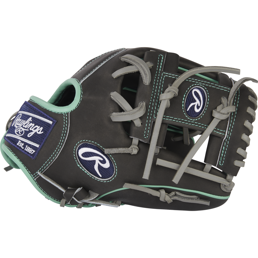 The Rawlings Heart of the Hide R2G 11.5" (PROR204U-2DS) is a black and gray infield glove with teal accents, white stitching, Rawlings logos on the wrist and thumb, an open web design, and is built for infield play.