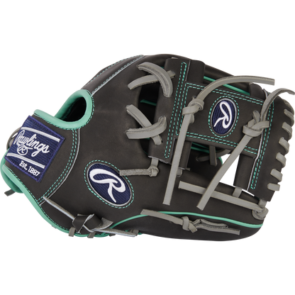 The Rawlings Heart of the Hide R2G 11.5" (PROR204U-2DS) is a black and gray infield glove with teal accents, white stitching, Rawlings logos on the wrist and thumb, an open web design, and is built for infield play.
