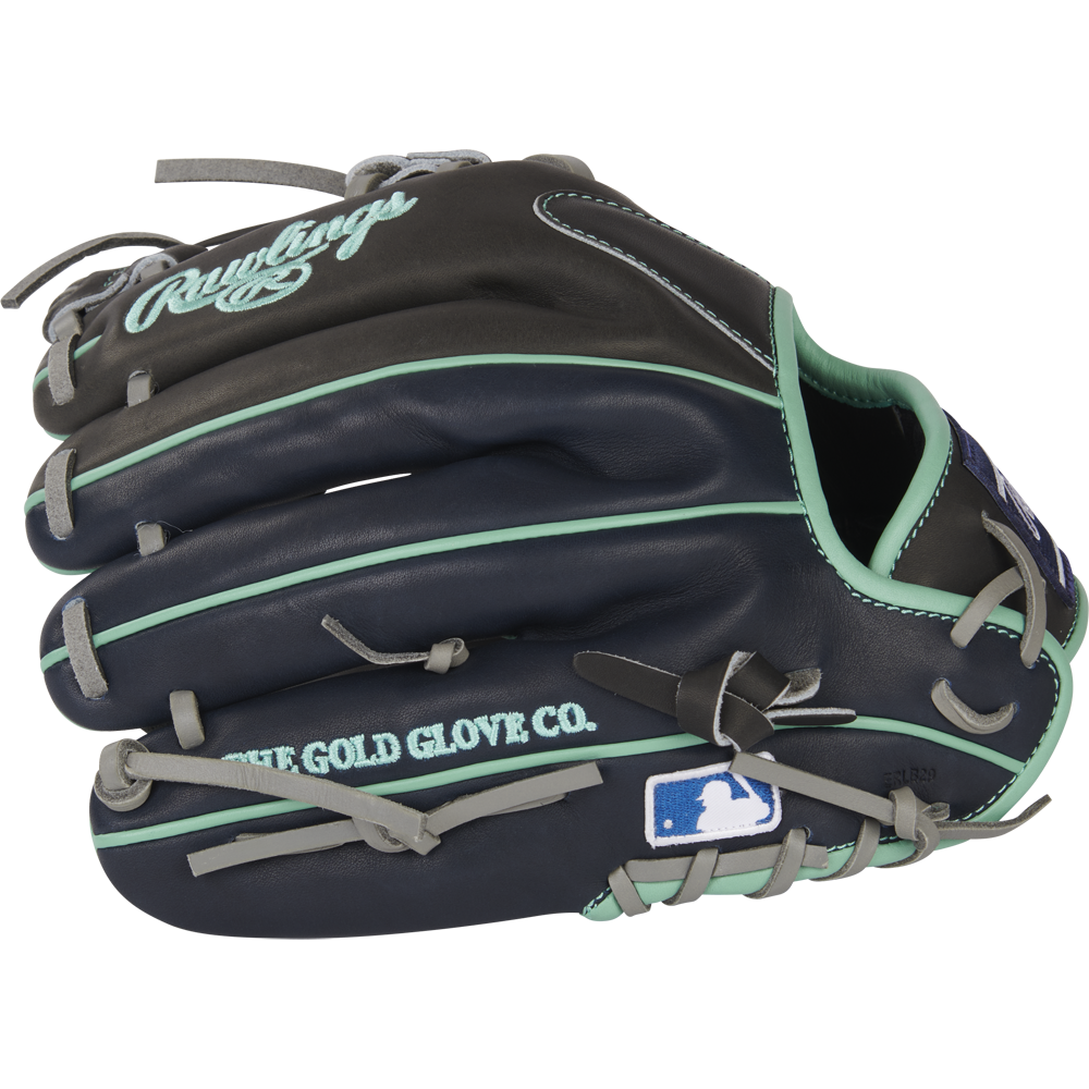 The Rawlings Heart of the Hide R2G 11.5" Baseball Glove (PROR204U-2DS) features dark blue and black leather with teal accents, THE GOLD GLOVE CO. on the side, and an MLB logo patch—ideal for serious infielders.