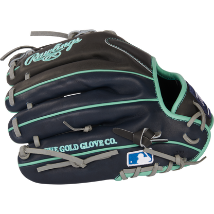The Rawlings Heart of the Hide R2G 11.5" Baseball Glove (PROR204U-2DS) features dark blue and black leather with teal accents, THE GOLD GLOVE CO. on the side, and an MLB logo patch—ideal for serious infielders.