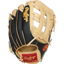 The Rawlings Heart of the Hide R2G ContoUR 12.5" Baseball Glove (PROR3028U-6C) features premium steer-hide leather in black and tan, gold stitching, tan laces, and a red Rawlings logo patch on the wrist with "Est. 1887.