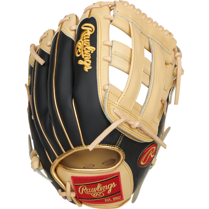 The Rawlings Heart of the Hide R2G ContoUR 12.5" Baseball Glove (PROR3028U-6C) features premium steer-hide leather in black and tan, gold stitching, tan laces, and a red Rawlings logo patch on the wrist with "Est. 1887.