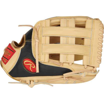 The Rawlings Heart of the Hide R2G ContoUR 12.5" Baseball Glove (PROR3028U-6C) features a tan and black design with red logo patches, tan laces, large webbing, and premium steer-hide leather. Shown on a white background.
