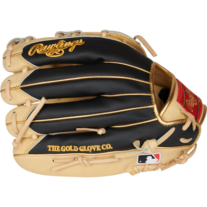 The Rawlings Heart of the Hide R2G ContoUR 12.5" Glove (PROR3028U-6C) features a black and tan design with gold accents, red Rawlings logo, "THE GOLD GLOVE CO." text, MLB logo on the wrist strap, and premium steer-hide leather.