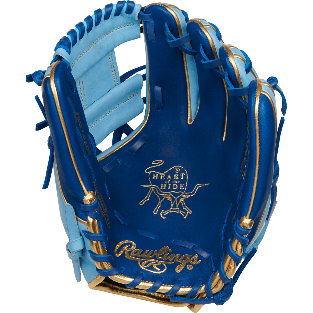 The Rawlings Heart of the Hide R2G ContoUR 11.25" Baseball Glove (PROR312U-2R) features a blue and gold design, gold laces, bull logo on the palm, and premium stitching for standout style and performance.