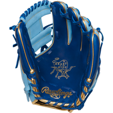 The Rawlings Heart of the Hide R2G ContoUR 11.25" Baseball Glove (PROR312U-2R) features a blue and gold design, gold laces, bull logo on the palm, and premium stitching for standout style and performance.