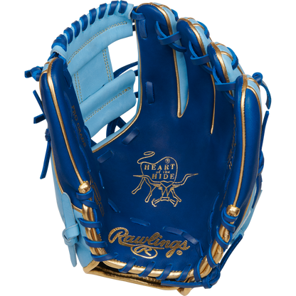 The Rawlings Heart of the Hide R2G ContoUR 11.25" Baseball Glove (PROR312U-2R) features a blue and gold design, gold laces, bull logo on the palm, and premium stitching for standout style and performance.