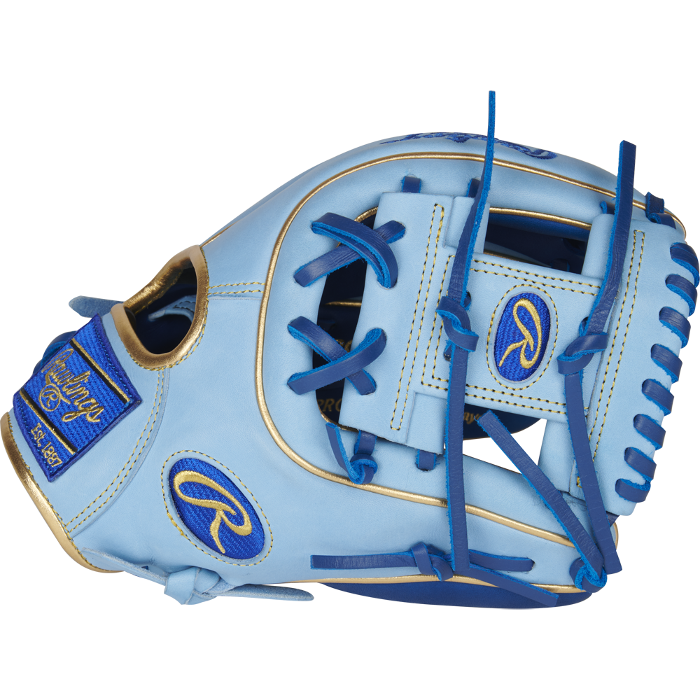 The Rawlings Heart of the Hide R2G ContoUR 11.25" Baseball Glove (PROR312U-2R) features light blue leather, dark blue lacing, gold accents, and blue logos, shown against a white background.