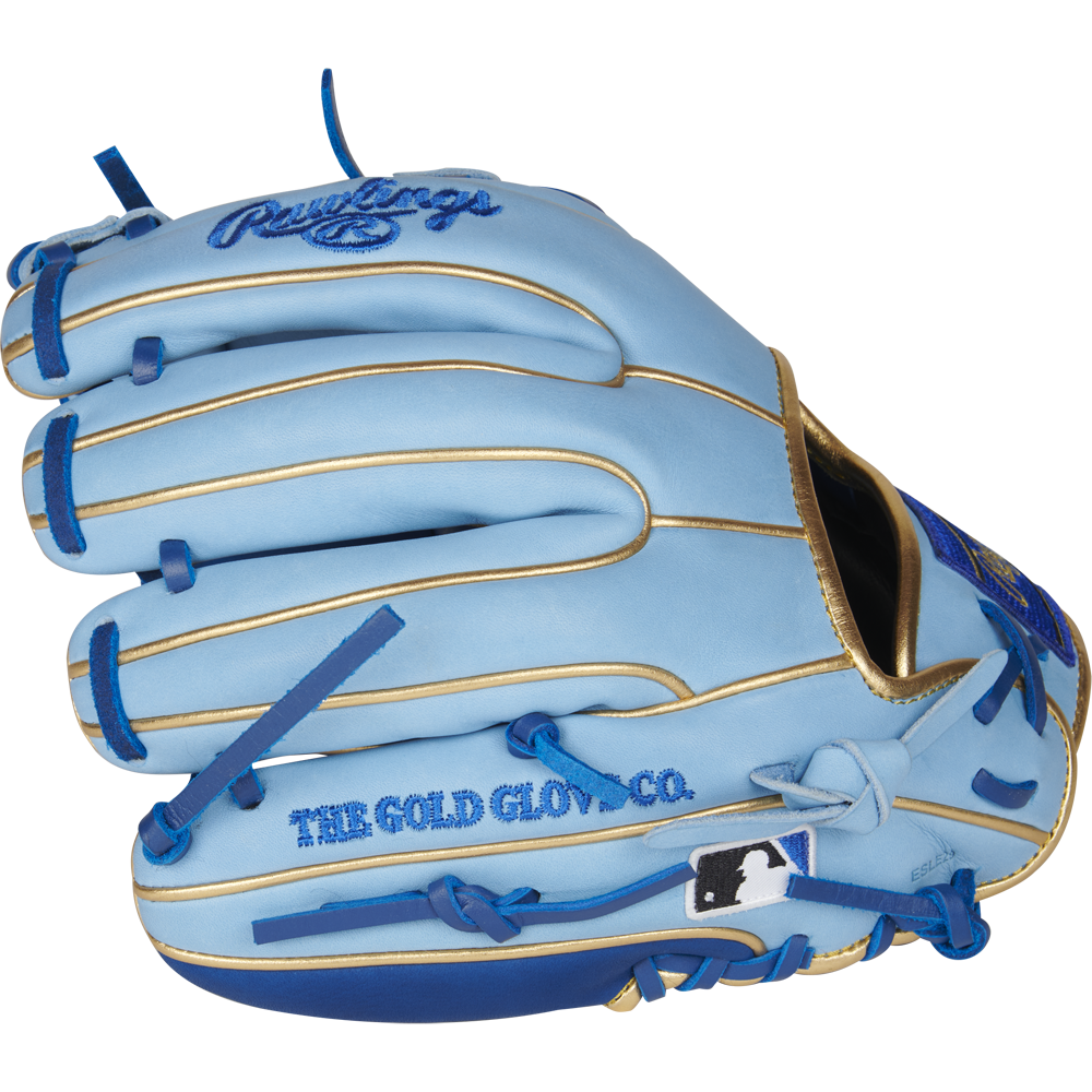 The Rawlings Heart of the Hide R2G ContoUR 11.25" Baseball Glove (PROR312U-2R) features a light blue design with gold accents, blue laces, and "THE GOLD GLOVE CO." embroidery. The MLB logo appears near the wrist opening.