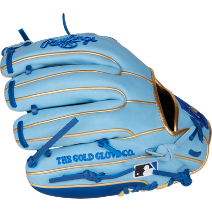 The Rawlings Heart of the Hide R2G ContoUR 11.25" Baseball Glove (PROR312U-2R) features a light blue design with gold accents, blue laces, and "THE GOLD GLOVE CO." embroidery. The MLB logo appears near the wrist opening.