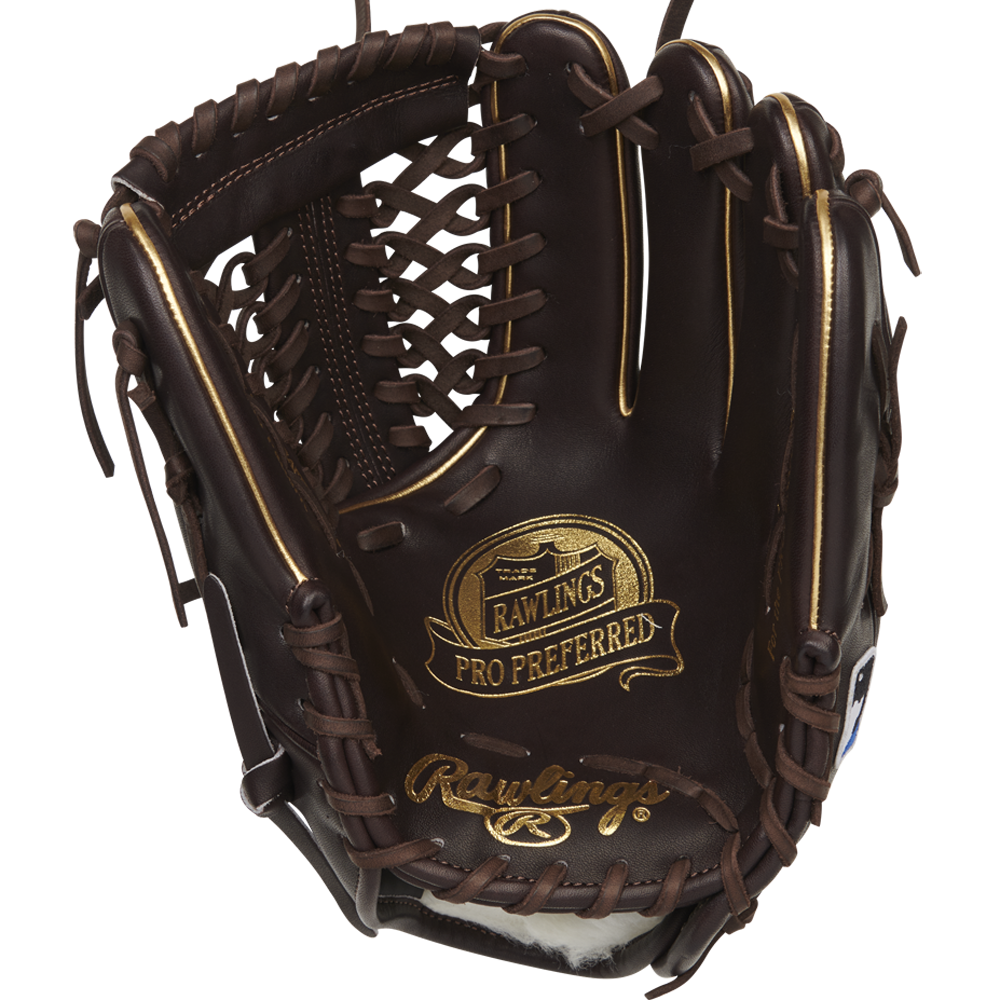 The Rawlings Pro Preferred 11.75" Baseball Glove: PROS205-4MO features dark brown kip leather with tan stitching and laces, plus gold Rawlings logos on the palm and wrist for premium style and performance.