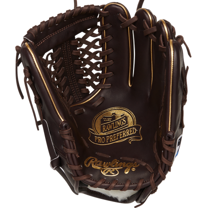 The Rawlings Pro Preferred 11.75" Baseball Glove: PROS205-4MO features dark brown kip leather with tan stitching and laces, plus gold Rawlings logos on the palm and wrist for premium style and performance.