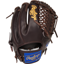 The Rawlings Pro Preferred 11.75" Baseball Glove: PROS205-4MO features dark brown premium kip leather, yellow embroidered Rawlings logos, a blue Est. 1887 patch, woven web, and sturdy leather lacing for infielders/pitchers.