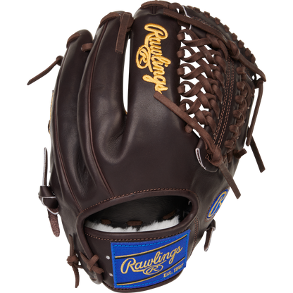 The Rawlings Pro Preferred 11.75" Baseball Glove: PROS205-4MO features dark brown premium kip leather, yellow embroidered Rawlings logos, a blue Est. 1887 patch, woven web, and sturdy leather lacing for infielders/pitchers.