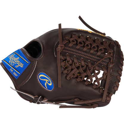 The Rawlings Pro Preferred 11.75" Baseball Glove (PROS205-4MO) is a brown infield/pitcher’s glove with a woven web, blue and yellow logo patches, and kip leather laces, shown against a plain white background.