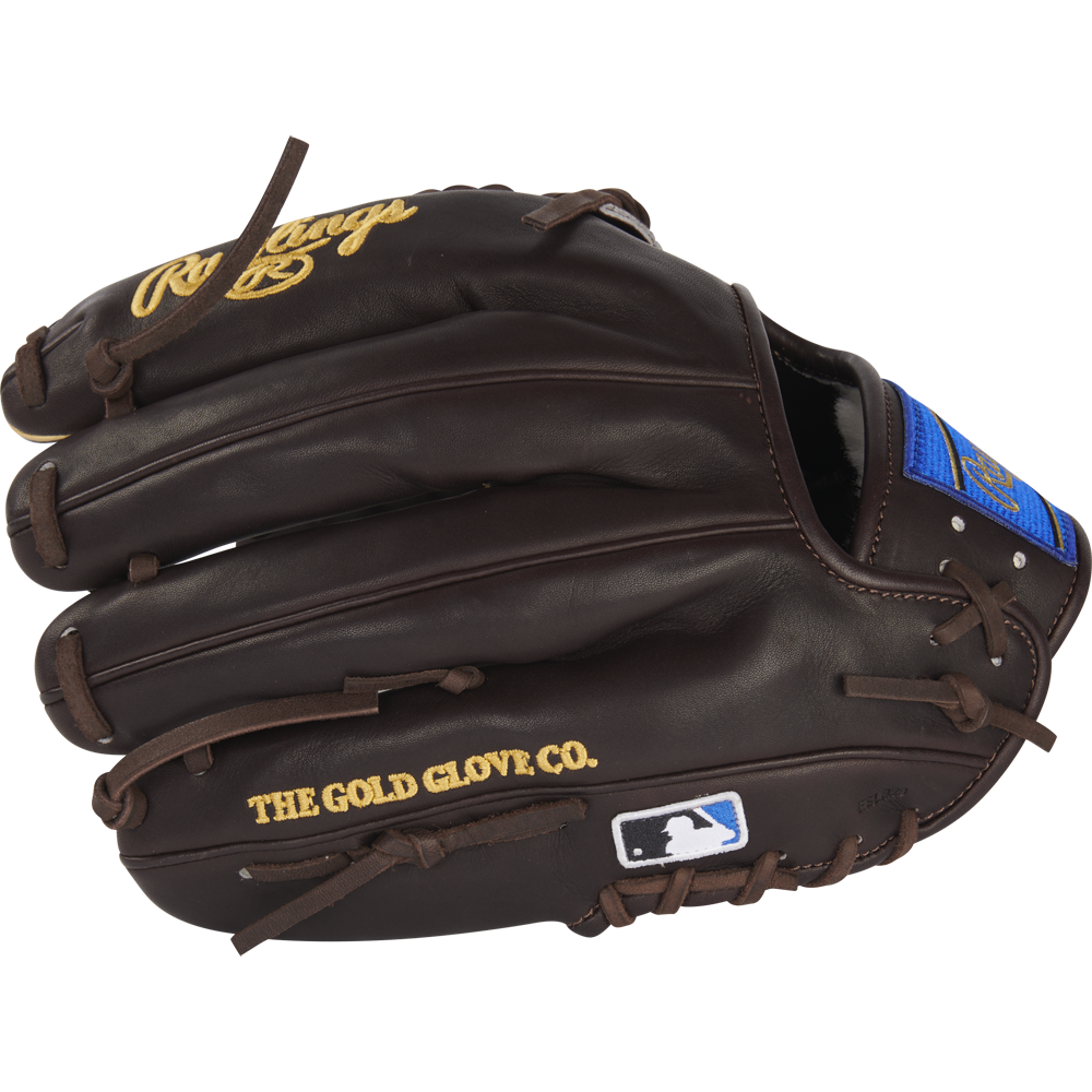 The Rawlings Pro Preferred 11.75" Baseball Glove (PROS205-4MO) features premium kip leather in dark brown, gold and blue Rawlings branding, “THE GOLD GLOVE CO.” and MLB logo on the side—ideal for infielders and pitchers.