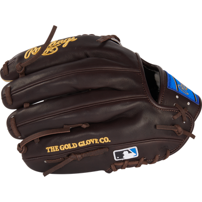The Rawlings Pro Preferred 11.75" Baseball Glove (PROS205-4MO) features premium kip leather in dark brown, gold and blue Rawlings branding, “THE GOLD GLOVE CO.” and MLB logo on the side—ideal for infielders and pitchers.