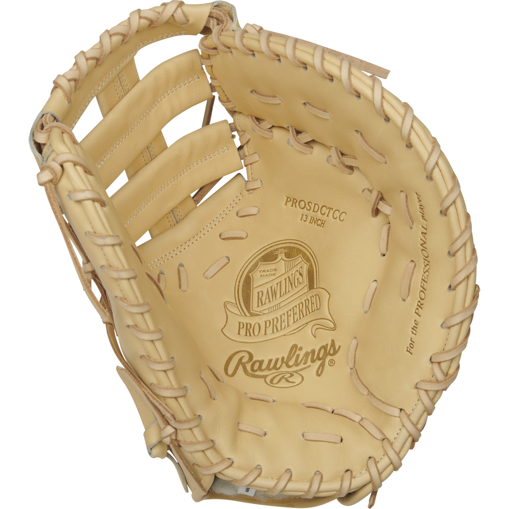 A Rawlings Pro Preferred 13" Baseball First Base Mitt (PROSDCTCC) is shown from above with the pocket open, highlighting its tan kip leather, visible stitching, laces, and palm branding—a premium choice for serious players.