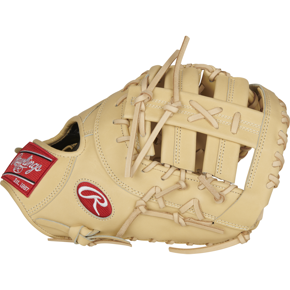 The Rawlings Pro Preferred 13" Baseball First Base Mitt (PROSDCTCC) is a tan kip leather glove with visible laces, webbed pocket, and a red Rawlings logo on the wrist strap, shown against a plain white background.